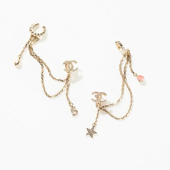 BNIB Chanel Crystal Star 5 Drop Earrings Ear Cuffs Gold Pink AB8063 B07810 NH435 - Picture 5 of 9